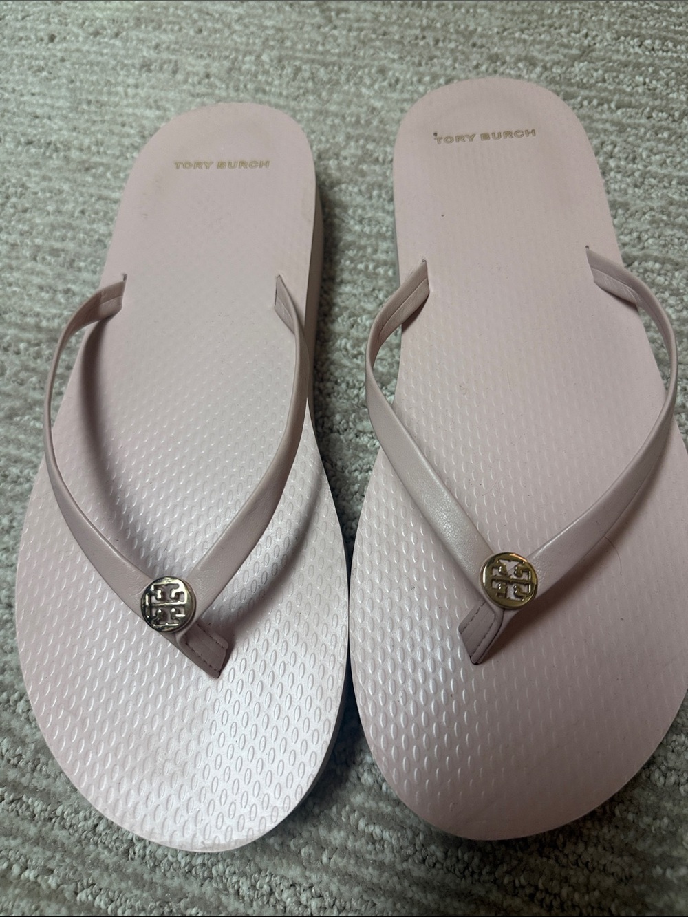 Tory Burch Pale Pink Gold Logo 1” heel Flip Flops